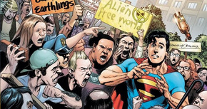 Imágenes de la manifestación contra los superhéroes en 'Batman v Superman: Dawn of Justice'